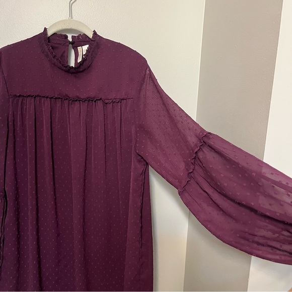 Japna Large Plum Dark Purple Long Sleeve Mini Dress Swiss Dot Mockneck Keyhole - Picture 7 of 9